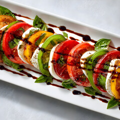 Caprese Salad with Multicolor Tomatoes, Mozzarella, Basil and Balsamic Glaze