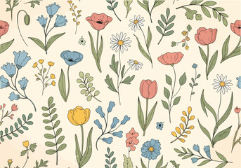 A beautifully detailed seamless pattern featuring hand-drawn birds, flowers, leaves, and berries in an embroidered  © Botanic