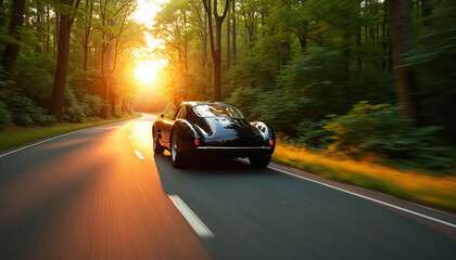 Black classic car drives on forest road at sunset. Sun rays shine through green trees on asphalt path. Motion blur effect suggests fast travel.