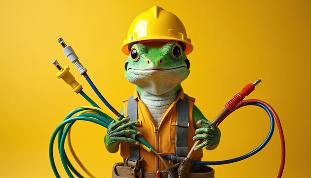 Green lizard wearing yellow hard hat and vest holds electrical wires. Funny reptile works on repair, installation, or maintenance job. Amusing animal character with tools.