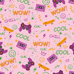 Vibrant youth lifestyle illustration featuring retro gaming gear, skateboards and music tapes. Fun hand drawn elements with spray paint splashes. Trendy repeat design for digital and print media.