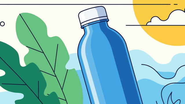 Bright Blue Bottle Surrounded by Green Leaves Under Sunny Sky.