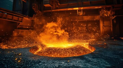 A vat of molten, glowing orange metal in a steel mill, with sparks flying from the surface. A powerful image of primary industry and raw production. Intense heat, moody, and dramatic. 
