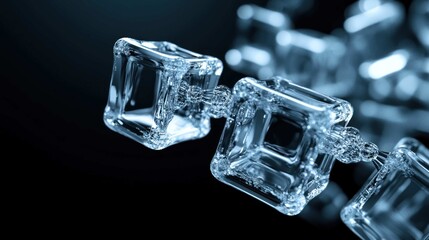 abstract representation of a blockchain, with crystalline, interconnected blocks pulsing with a secure, cool blue light, shallow depth of field, macro photography, extremely detailed.