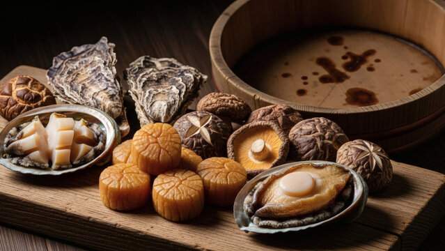 Authentic Dried Abalone And Scallops On Rustic Wooden Board Dark Mood