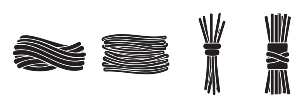 Abstract bundles of various linear elements and coiled strands illustrating different forms of tied or wrapped materials in a simple graphic style.