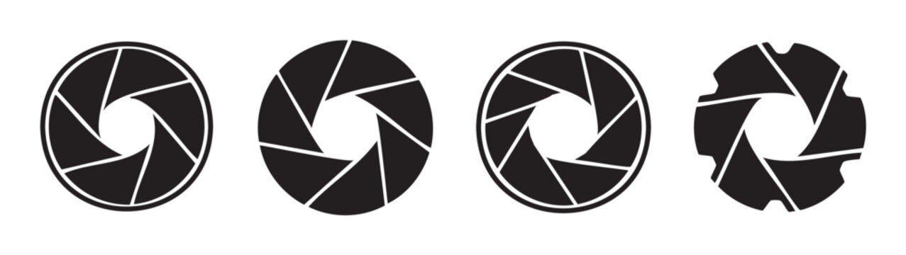 Camera aperture icons set representing photographic lens diaphragm, illustrating different blade configurations and shutter mechanisms for light control.