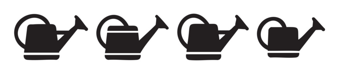 Obraz premium Four black watering cans icon set illustration, showcasing essential gardening tools for plant care, cultivation, and agricultural activities.