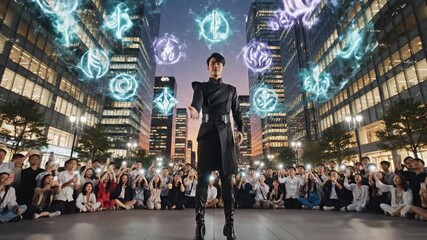 Charismatic performer enthralling crowd with viintimate apparelnt purple light effects in urban setting, creating a dynamic and futuristic spectacle