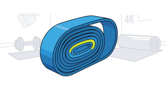 Blue Rolled Resistance Band in Gym Setting with Equipment in Background.