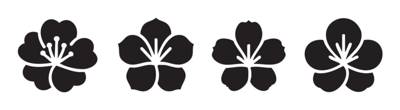 Four stylized black flower icons, depicting traditional Japanese plum blossoms or sakura, are arranged horizontally as elegant symbols for various design projects.