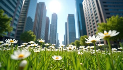 Field of daisies grows in urban park between tall skyscrapers. Green grass and bright white flowers bloom in city center. Nature thrives among modern buildings.