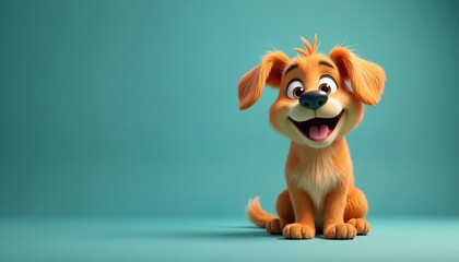 Joyful cartoon dog sits on turquoise background. This happy canine character has fluffy orange fur, big eyes, open mouth. Its playful expression, friendly demeanor make it perfect for kids content.