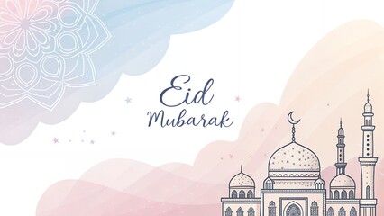 Eid Mubarak Greeting Card with Mosque and Soft Watercolor Sky, Spiritual Celebration, Islamic Architecture, Festive Atmosphere, AI Generated