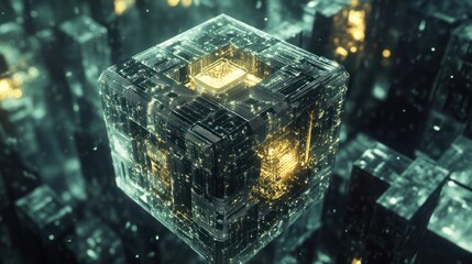 An unsolved cryptographic puzzle (like P vs NP), visualized as a fantastically complex, interlocking mechanical lock made of light and energy, with no visible keyhole, floating in a void. 