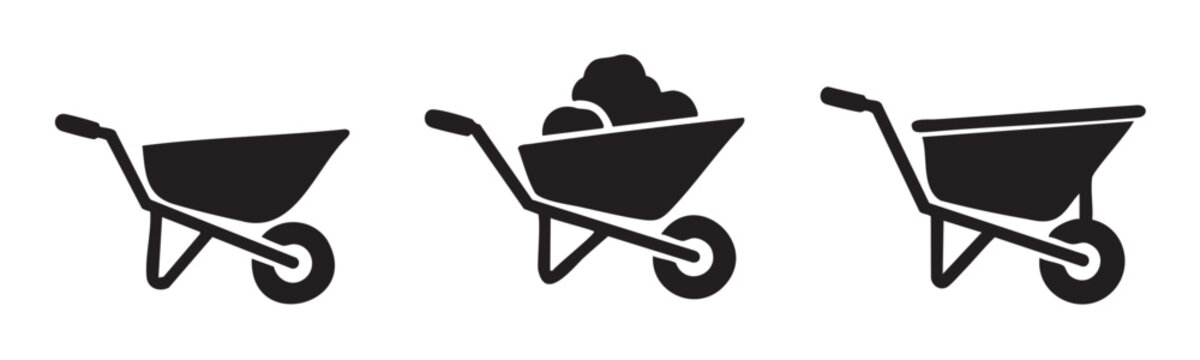 Three wheelbarrow icons representing gardening, construction, and landscaping tasks, with one full of material and two empty, illustrating various uses for the essential tool.