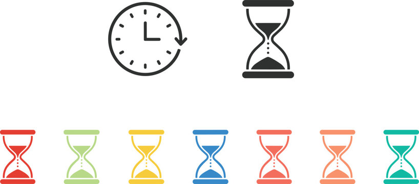 Time Management Icon Set Featuring Analog Clock with Circular Arrow and Black Hourglass with Colorful Sand Timer Variations in Red Yellow Blue and Green