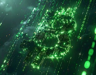 Futuristic digital bitcoin symbol surrounded by binary code and light