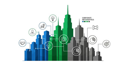 Obraz premium Corporate Infographics: Business City Skyline with Icons and Data Visualization