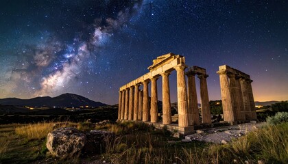 Obraz premium Ancient Temple of Poseidon under the Milky Ways starry sky.