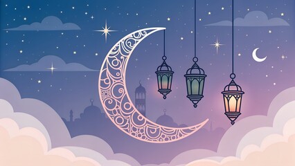 Celestial Ramadan Greeting with Moon and Lanterns, Spiritual Celebration, Islamic Design, Sacred Festive Night, AI Generated