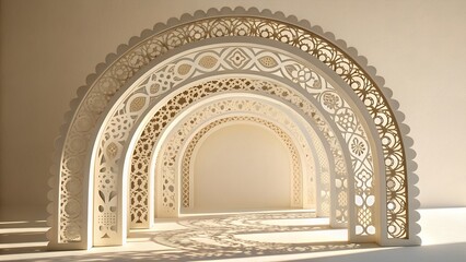 Elegant Arched Passageway with Intricate Geometric Patterns and Soft Lighting, Decorative Architecture, Sacred Design, Atmospheric Scene, AI Generated