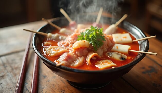 Steaming bowl of Sichuan malatang hot pot with various skewers of meat, tofu, and vegetables in spicy red broth. Delicious asian street food for a hearty meal.