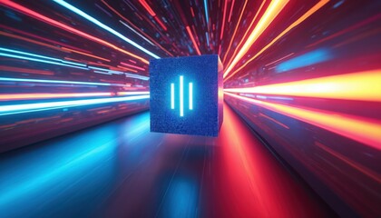 Abstract cube with glowing lines moves through tunnel with light streaks. Futuristic digital data transport concept. Sci fi cyberspace network. Quantum computing speed.