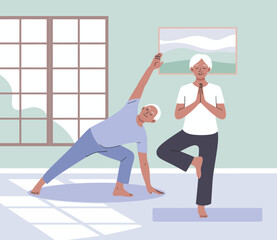Fototapeta premium This calm image features two elderly individuals engaged in yoga poses, emphasizing health, fitness, and mindfulness in their golden years.