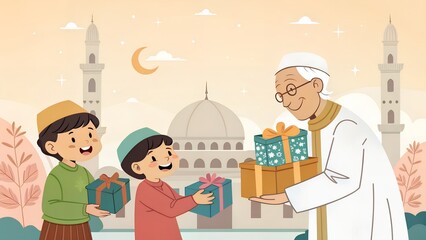 Eid Celebration Grandfather Shares Gifts with Kids, Family Joy, Festive Tradition, Loving Moment, Cultural Happiness, AI Generated