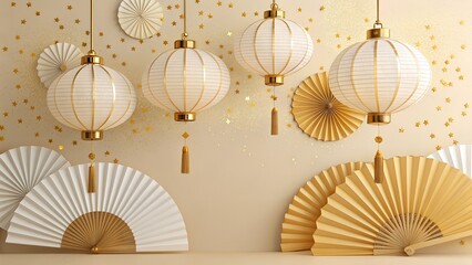Happy Chinese New Year. Hanging shine lantern, Oriental Asian style paper lamp on beige Background