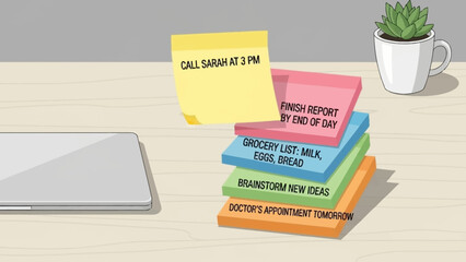 Bright Office Desk Scene with Colorful Books and Sticky Notes.