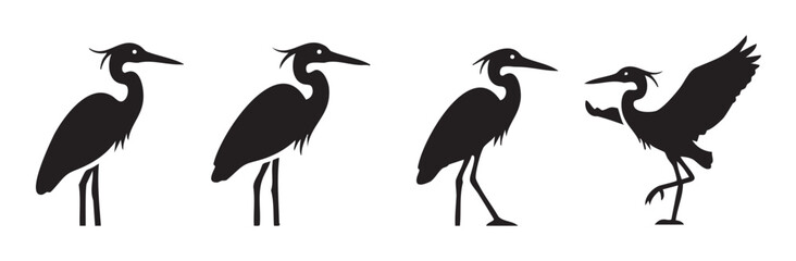 Obraz premium Four elegant heron bird silhouettes standing and posing in various graceful positions, showcasing their distinctive long necks and legs.