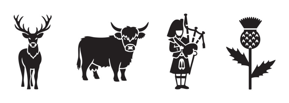 Deer, cow, bagpiper, and thistle are iconic Scottish symbols presented as simple black silhouettes, representing the rich culture and wildlife of the region.