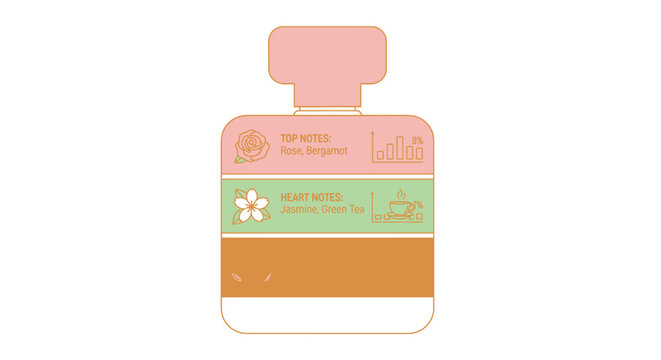 Perfume Bottle with Ingredient Notes, Rose, Bergamot, Jasmine, Green Tea Icons