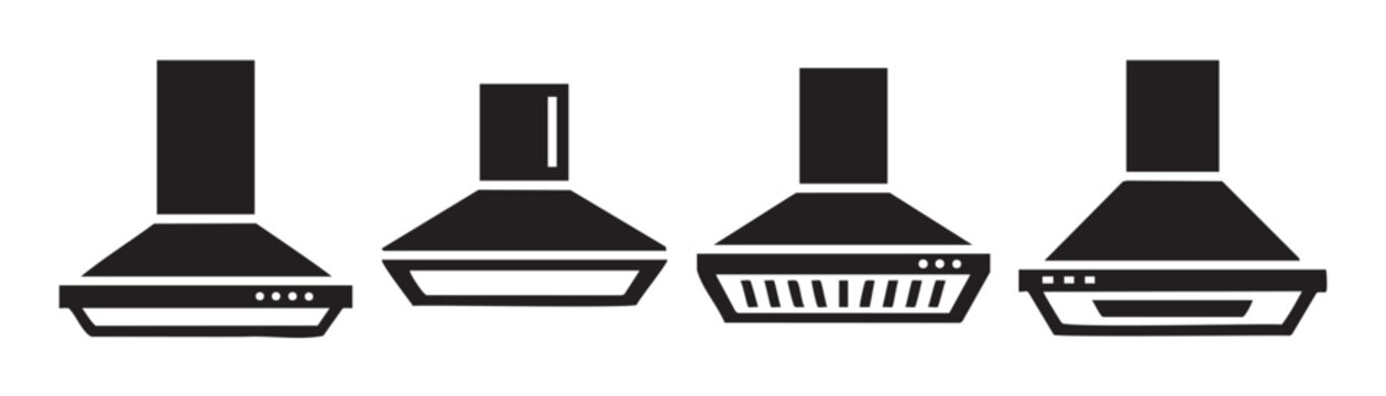 Four different kitchen range hoods are presented as black silhouette icons, showcasing various modern designs for home appliance concepts.