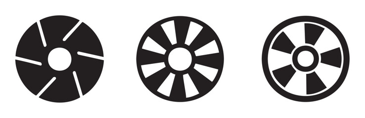 Obraz premium Aperture fan wheel icons set featuring various circular designs with blades or spokes, presented as abstract black and white graphic elements for technology and industrial concepts.
