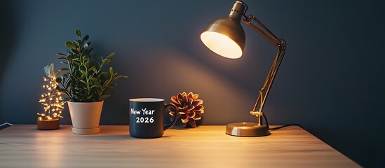 New Year's greeting in text on a mug on a minimalist desk