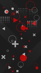 Obraz premium A dynamic vertical background features a chaotic arrangement of red and grey geometric shapes, including circles, triangles, and crosses, floating over a dark textured backdrop with diagonal lines.