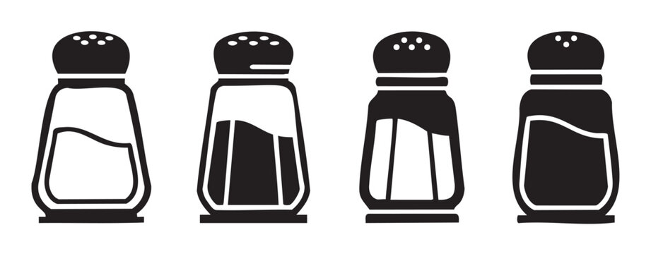 Four stylized salt and pepper shakers in a clean, minimalist black and white icon set, perfect for culinary and kitchen-related design projects.