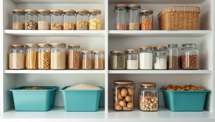 Obraz premium Neatly arranged pantry shelves display clear jars filled with dry food items. Various grains, pasta, beans, nuts, potatoes stored in airtight containers for long term keeping. Kitchen goods organized