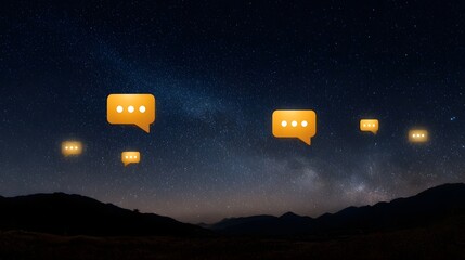 Glowing orange message icons float in the vast starry night sky above silhouetted mountains