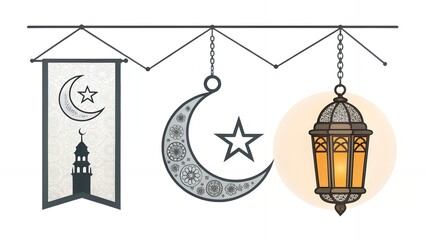 Islamic Ramadan Eid Mubarak Hanging Decorations, Spiritual Celebration, Festive Islamic Design, Sacred Ornamentation, Cultural Festivity, AI Generated