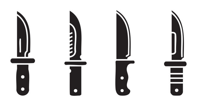 Four different combat knives vector illustrations showcasing various blade and handle designs in a minimalist black silhouette style.