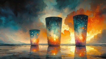 In a whimsical watercolor landscape, three silos, painted in vibrant hues of blues and greens, stand in a playful arrangement, their surfaces adorned with abstract patterns illuminated by a 