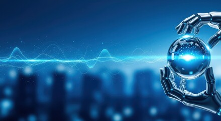 Robotic hand holding glowing orb with digital city background