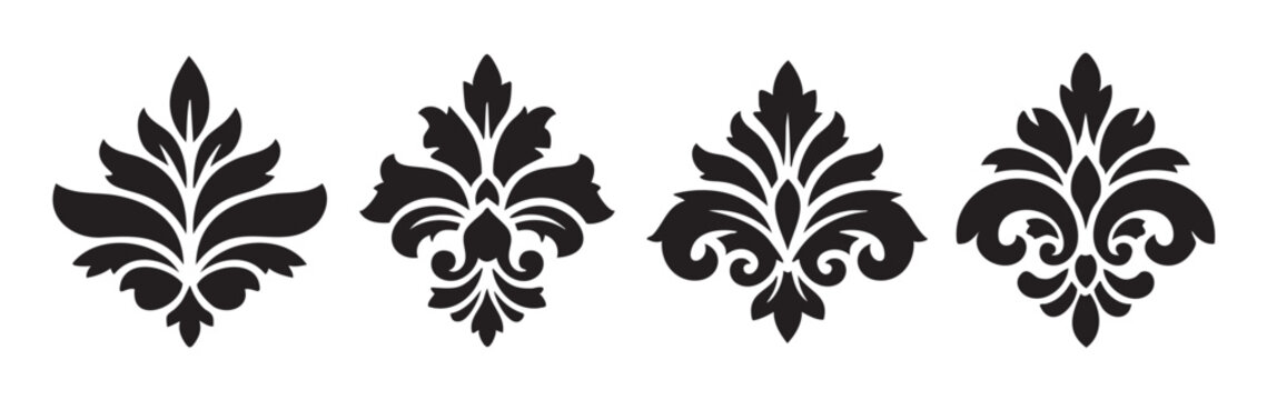Ornate floral damask elements set of four elegant black vector illustrations featuring classic decorative patterns suitable for various design projects.