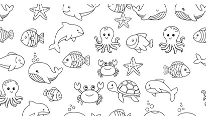 Cute sea animals seamless doodle pattern vector for kids coloring and preschool activities
