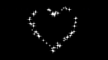 Sparkling heart animation, white glitter stars forming heart shape on transparent background, twinkling star particles outlining romantic heart symbol with gentle flickering sparkle motion