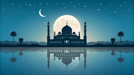 Mosque Silhouette under Full Moon with Water Reflection at Night, Islamic Architecture, Spiritual Landmark, Serene Nightscape, AI Generated